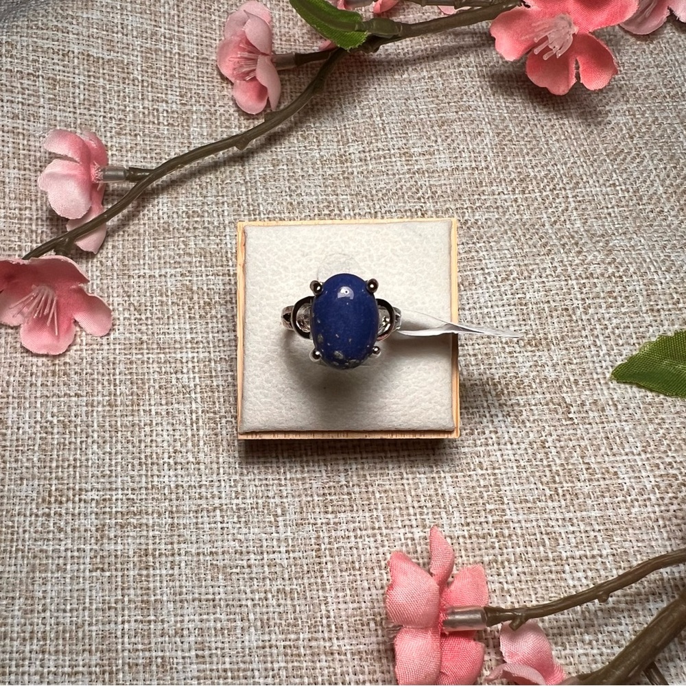 Size 6.5 | Silver Boho Gemstone Ring – Large Oval Lapis Lazuli, Chunky Statement